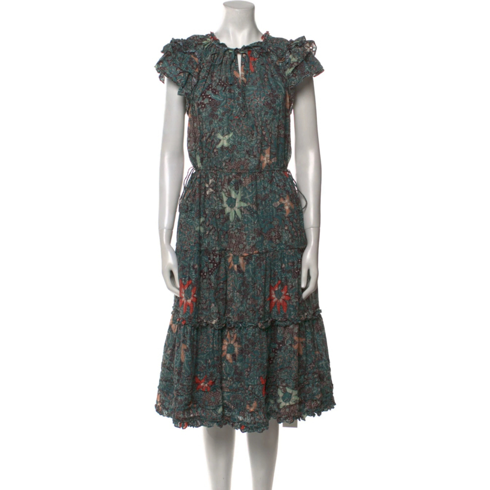 Ulla Johnson Rema Silk Floral Dress Size 6 Medium Malachite Color Tie Neck Sash